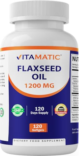 Vitamatic Flaxseed Oil 1200 mg – 120 Softgels Cold-Pressed Flaxseed Oil with 675 mg ALA Omega-3 – Supports Heart Health & Overall Wellness