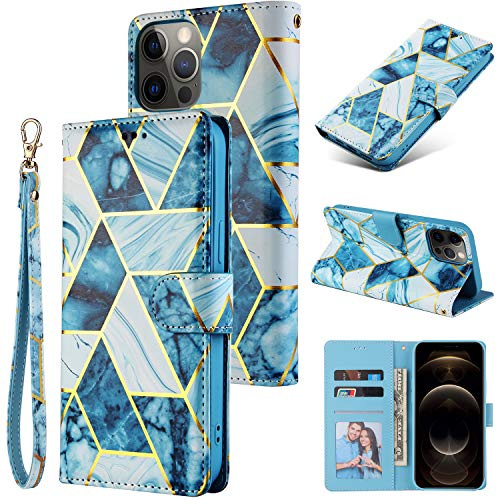 DEFBSC Case for iPhone 13 Pro Max, Premium PU Leather Geometric Marble Pattern Wallet Case with Detachable Wrist Strap, Magnetic Closure Card Slots Shockproof Flip Cover Case - Blue
