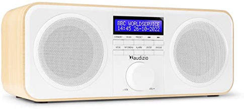 Auzidio Novara DAB Digital Radio Mains Powered with FM Tuner, Bedside Radio Alarm Clock with Snooze, Blue LCD Display Screen, Compact Shelf Stereo System, White