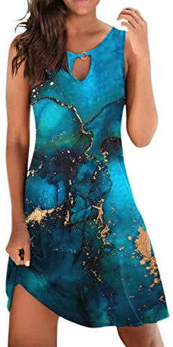 Sommerkleid Damen Knielang Strandkleid Ärmellos Swing Tunika Lässiges Kleider Sexy Elegant Boho Frauen Blusenkleid Sommer lockeres Kleid Blumendruck V-Ausschnitt Strandkleid Minikleid Teenager Mädchen
