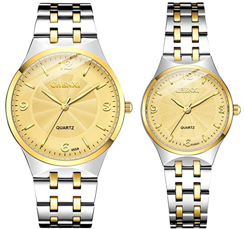 JewelryWe 2pcs Paar Uhren Quarz Analog Partner Freundschafts Armbanduhr Business Casual Uhr mit Gold Silber Edelstahl Armband und goldem Zifferblatt, Valentinstag Pärchen Geschenk für Herren Damen