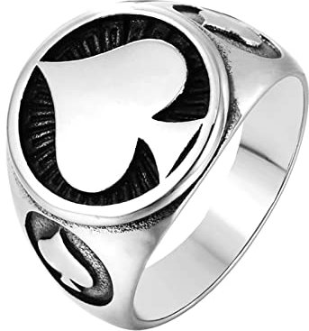Ayoiow Ringe Edelstahl Gravur, Ringe für Männer mit Gravur Silber Siegelring In Form Eines Pik Asses Ring Größe 70 (22.3)