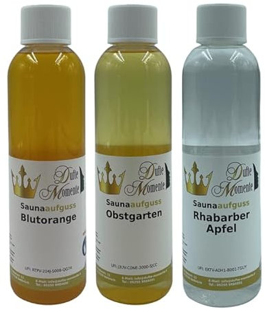 3 x 250ml Saunaaufguss mit fruchtiger Note: Blutorange, Obstgarten und Rhabarber-Apfel
