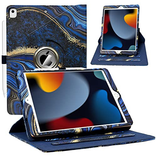 ZoneFoker Case for iPad 9th/8th/7th Generation, iPad 10.2 inch Case 2021/2020/2019, 360 Degree Rotating Stand, iPad 9 8 7 Gen 10.2 Leather Cover with Pocket Design & Pencil Holder, Marble Ocean Blue