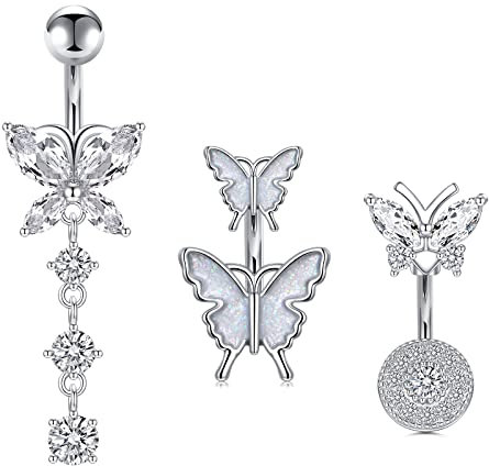 AVYRING Kurz Bauchnabelpiercing Schmetterling Anhänger 6MM 14G Chirurgenstahl Damen Nabelpiercing Bauchnabel Piercing Belly Silber