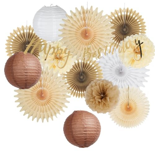 Geburtstag Deko Braun Beige Rustikal Geburtstagsdeko Neutral Weiss Papierfächer Pompons Braun Beige Natur Geburtstag Mädchen Boho Party Deko mit Happy Birthday Girlande Gold für Frauen