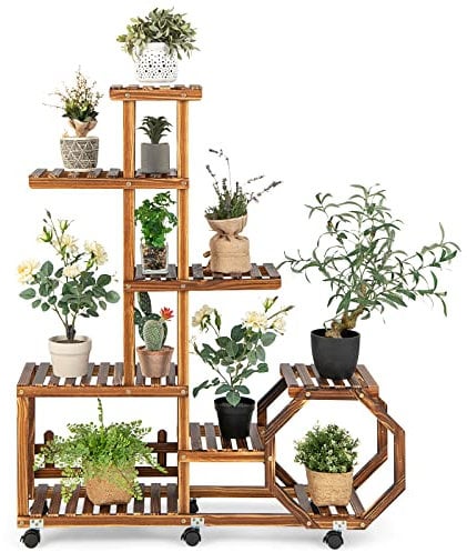 COSTWAY Pflanzenregal Blumenregal, Blumenständer auf Rollen, Garten Blumentreppe Holz, Pflanzentreppe mehrstöckig, Holzregal Pflanzenständer, für Balkon Garten Terrasse (107x29x126 cm)
