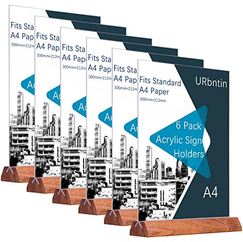URbantin A4 Ständer Aufsteller Tischaufsteller,6 Stück Menühalter in T-Form mit Holzbasis,A4 T-Ständer Werbeaufsteller T-Aufsteller für Bardokumente,Hotel,Restaurant