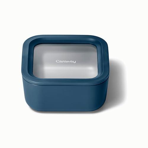 Caraway Glass Food Storage - 4.4 Cup Glass Containers with Ceramic Coat, Non-Toxic, Non-Stick, Easy to Store Square Navy Lunch Box