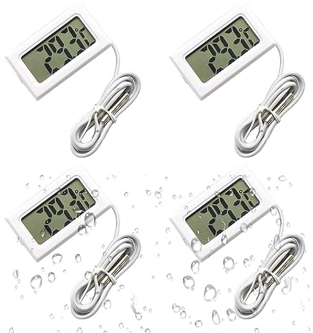 Digital LCD Thermometer 4 Pack Radiator Balancing Thermometer with External Waterproof Probe for Fridge Freezer Refrigerator Aquarium Fish tank Water Temperature Thermodetector Monitor (White)