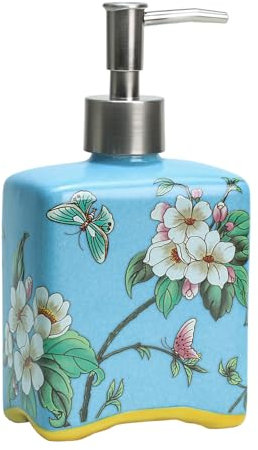 Bicuzat Ceramic Soap Dispenser, Lotion Bottle with Removable Pump, Flower Pattern Dispenser for Kitchen and Bathroom - Blue, 13 OZ