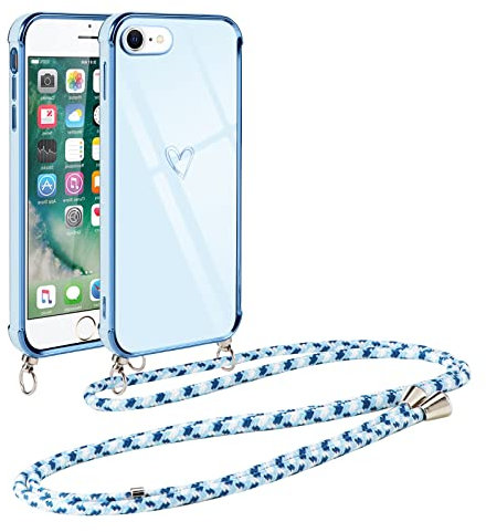 Vauki handyband für iPhone 8/iPhone SE 2020/iPhone 7/SE 2022 Hülle mit Band, Handyhülle mit Kette, Herz Motiv, Ultra Dünn Stoßfeste Aesthetic Case mit Kordel zum Umhängen für iPhone 8 4.7 Zoll, Blau