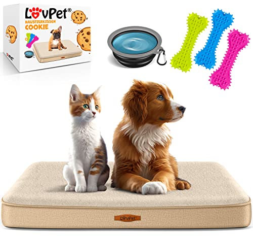 Lovpet® Hundebett orthopädisches Hundekissen Hundekorb Cookie, Inkl. Napf + 3X Kauknochen, Hundesofa für Kleine, Mittelgroße & Große Hunde, Bezug abnehmbar und waschbar, XL 11 x81x7,6cm Beige