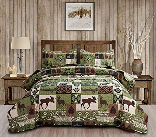 Ycosy Rustikales Lodge-Bettwäsche-Set, Elch, Tagesdecke, King-Size-Größe, Waldbär, Hirsch, Steppdecke, Matcha-Grün, wendbar, festliche Hüttendecke, Bauernhaus-Dekor, Bettbezug-Sets mit 2 Kissenbezügen