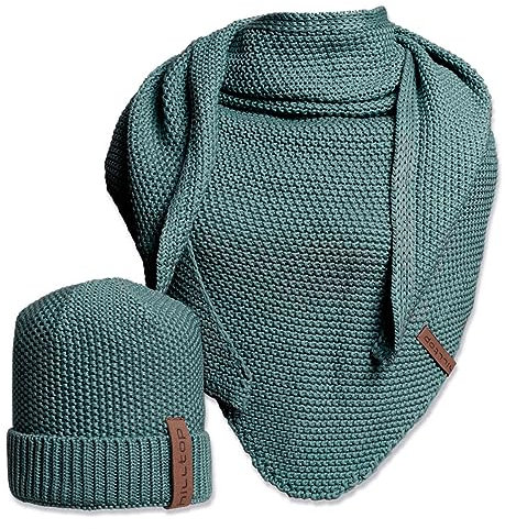 Hilltop 2-teiliges Unisex Winterset, Damen Mütze und Schal, Herren Mütze mit Strickschal, XXL Dreiecksschal mit Strickmütze, Geschenk für Frauen und Männer, Farbe:Laurel