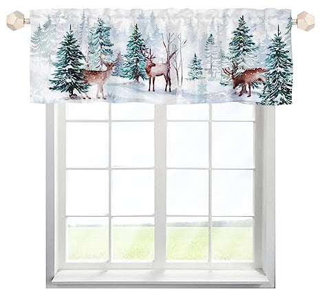 One Lover Weihnachten Kiefer Elch Scheibengardinen Bistrogardine mit Stangendurchzug Stores Gardinen Schals Elegant Fensterschal für Küche Wohnzimmer Multicolor 137x45cm,2 Stück