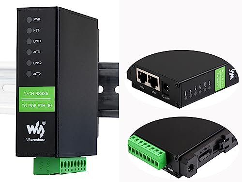 waveshare Serieller Serieller 2-Kanal-Server RS485 auf RJ45 Ethernet mit PoE-Funktion, IEEE 802.3af-konform, serielles industrielles isoliertes serielles Modul, bidirektionale transparente Übertragung