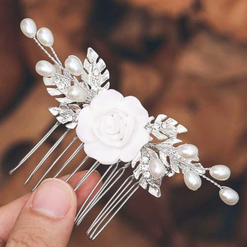 Ushiny Perlen Braut Haarschmuck Silber Blumen Hochzeit Haarklammer für Damen