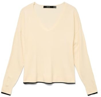 VERO MODA Vmbreeze Ga Boo-Pullover con Scollo a V Maglione Lavorato a Maglia, Betulla/Dettaglio: Contrasto Nero, M Donna
