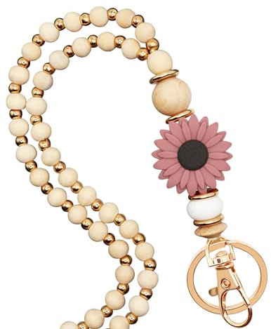 MyfavoriteK Schlüsselband aus Holz für Lehrer, Ausweis, niedliche Blume, Holz und goldene Perlen, Schlüsselbänder für Frauen für Krankenschwesterabzeichen, Braun, Medium
