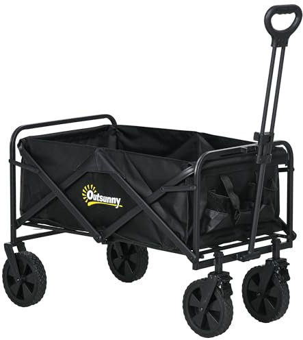 Outsunny 90L Festival Trolley on Wheels, Folding Camping Trolley Cart with Adjustable Handle, Portable for Outdoor, Garden, Shopping, Fishing, Black