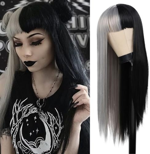Salaibs Halb Grau Halb Schwarz Lange Perücken für Frauen Gerade Goth Haar Perücke mit Bangs Hitzebeständige Faser Cosplay Halloween Perücke
