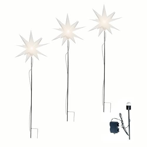 Leuchtstern 3D mit LED Beleuchtung | 3er Set mit Erdspieß | weiß | Ø 27 cm | 3D Stern mit 15 Spitzen | wetterfest | Garten Deko, Weihnachtsdeko | Weihnachtsstern | mit Timer | batteriebetrieben