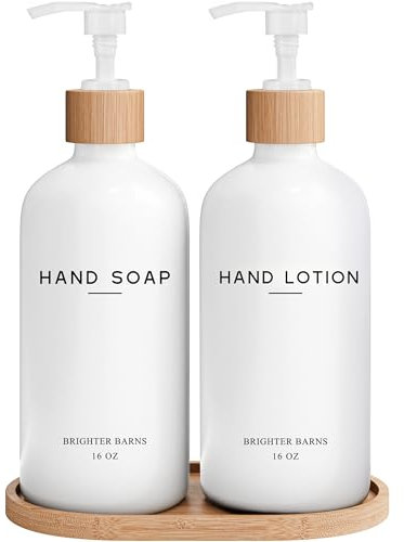 Brighter Barns Seifenspender-Set aus weißem Glas – Flüssigseifen- und Lotionspender mit Tablett – Bambus-Badezimmer-Seifenspender-Set – minimalistisches Badezimmerzubehör, moderne Wohnkultur