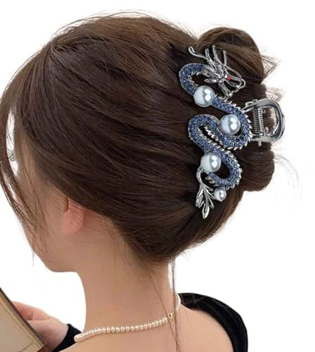 YUHANGCIYE Modische Haarspange in Drachenform mit funkelnden Strasssteinen für das neue Jahr 2024, große Haarspange für Damen, Blau