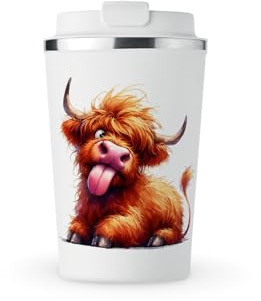 MAXIKIWI Isolierter doppelwandiger, auslaufsicherer Edelstahlbecher, Kaffee- oder Tee-Reisebecher mit Deckel, hält Getränke heiß und kalt, Motiv: Hochlandkuh, 1-350 ml