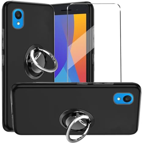 3-in-1 Case + Phone holder Ring Compatible with Alcatel 1 2021 Cover with 1 Pack Tempered Glass Screen Protector for Alcatel 1 2021, Slim Fit Soft TPU Shockproof Anti-Scratch Phone Case Cover - Black