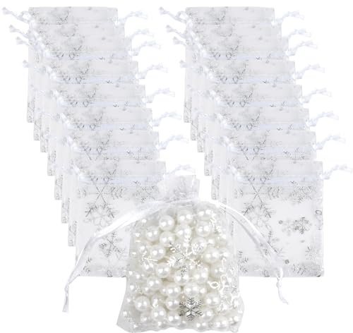 Organzasäckchen Weihnachten, 100 Stück Weiß Weihnachten, Organzabeutel, Schneeflocke Organzasäckchen mit Zugband, Säckchen zum Befüllen, Kleine Geschenktüten für Geschenk Weihn (Weiß, 7 x 9CM)