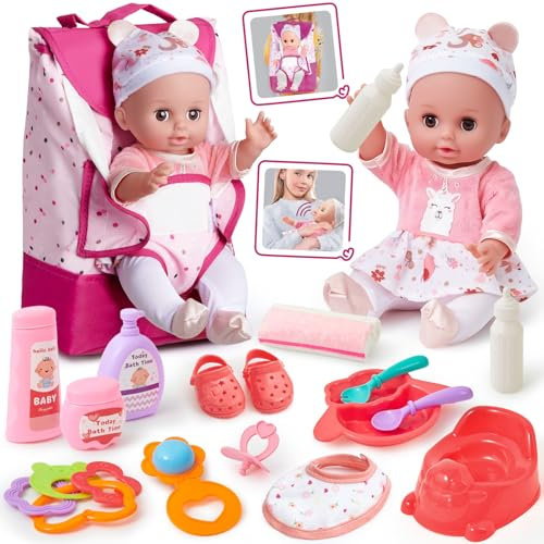 G.C Puppenzubehör Spielzeug Geschenk Mädchen, 36cm Babypuppe mit 12 Geräuschen & Wickeltasche Rucksack & Puppenkleidung & Töpfchen, Puppen Zubehör Geschenke für Mädchen 3 4 5 6 Jahre