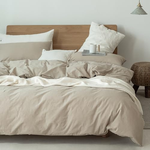 Michorinee Housse de Couette 140x200 Coton Taupe 100% Coton Lavé Texture Lin Parure de Lit avec Fermeture Éclair - Linge de Lit 1 Personne Adulte avec Taies d'oreiller 65x65 cm
