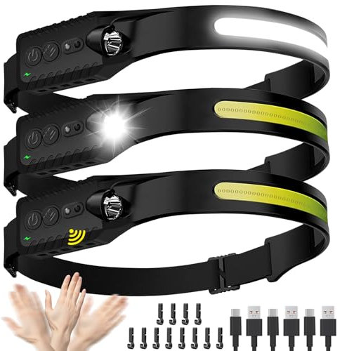Paquete de 3 faros delanteros recargables, linterna LED para la cabeza, luz de haz ancho de 230°, 400 lúmenes, súper brillante, faro impermeable, sensor de movimiento, 5 modos para correr, pescar,