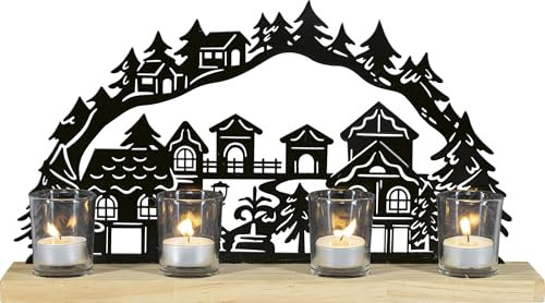 Metall Mini-Lichterbogen mit Holz-Sockel für 4 Teelichter, 40,5 x 7 x 22 cm