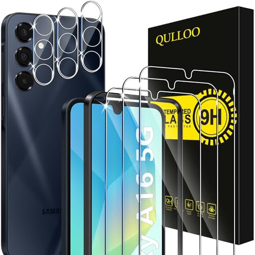 QULLOO Schutzfolie für Samsung Galaxy A16 5G, 3 Stück Displayschutzfolie mit 3 Stück Kameraschutz, 9H Härte Gehärtetes Glas HD Klar Schutzglas Anti-Kratzen Folie