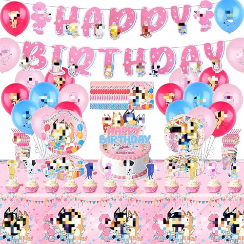 Birthday Decorations, 103PCS Party Decorations Kids' Tableware Set, Pink Birthday Party Supplies with Banner, Cake Topper, Balloons, Plates, Napkins, Cups, Straws and Tablecloths