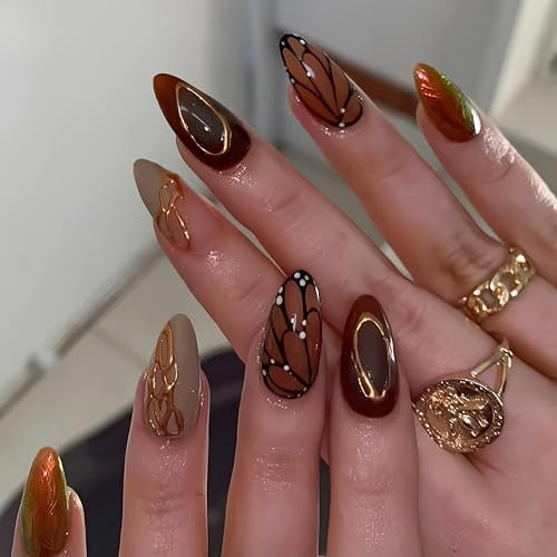 SXVME Almond False Nails Medium Length Butterfly Wings Brown Press on Nails with Ripple Designs Full Cover Brown Fake Nails French Line Reusable Acrylic Nails for Women Nail Decoration 24 Pcs