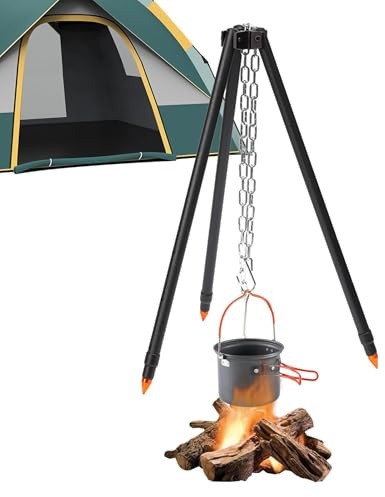 Trípode de barbacoa resistente al calor, trípode de cocina al aire libre ajustable en altura, soporte de trípode resistente para acampar, suministros de cocina, trípode de fogata con cadena,