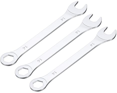 QUARKZMAN 3 Stück 14mm Ring-Maulschlüssel Set, Gabelringschlüssel 6-Punkt-Ende 15 Grad Offset, Offener Schraubenschlüssel Set Stahl Silber für Handwerkzeug Haushalts Reparaturen
