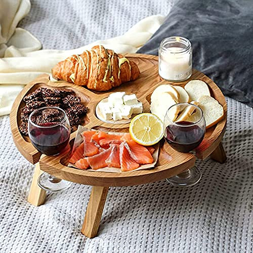 Générique Pliant des Verres à vin en Bois Portable et Table de Bouteille, Table de Pique-Nique à vin extérieur, collation et Porte-Fromage Plateau pour à la Plage, Cadeau d'amant de vin idéal