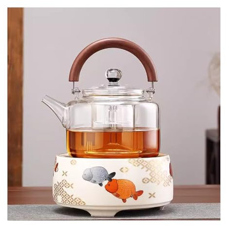 Glass Teapot Electric Kettle - 1L+ Capacity Tea Maker with Black Wood Magnet Closure, Ideal for Brewing Tea and Stylish Teaware
