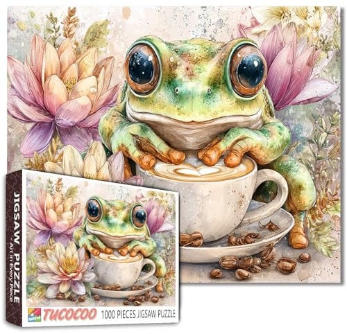 Whimsical Cute Frog 1000 Piece Jigsaw Puzzle for Adults Coffee Cup and Lotus Flowers Fun Challenging Animal Puzzles for Relaxation Unique Gift for Nature Lovers and Aesthetic Puzzle Home Decor
