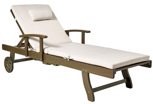 Beliani Acacia Wood Garden Sun Lounger Reclining with Wheels Classic Design with Light Beige Cushion Amantea Premium II