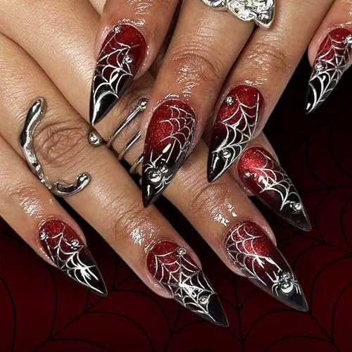 Halloween Press on Nails - 24pcs Long False Nails Almond - Fake Nails Dark Gothic Halloween Terror Gradient Dark Red Spider Web - Acrylic Stick on Nails for Women Girls Nail Art Cosplay Decoration