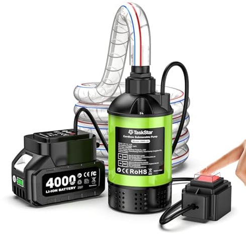 TaskStar Kabellose Tauchwasserpumpe Brushless, 4164 L/h Kleine Tragbare Vielzweckpumpe 4000mAh-Akku & Schlauch für Schwimmbecken, Tank, Garten, Keller, Camping, Boot, Regentonnen, Außenentwässerung