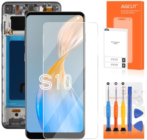 Bildschirmersatz für Samsung Galaxy S10 SM-G973F SM-G973U SM-G973W 6,1 Zoll Display LCD Screen Replacement Digitalizer Montiert mit Reparatur-Sets (Schwarz mit Rahmen, ohne Fingerabdrücke)
