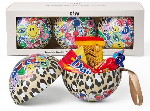 Swedish Bauble Trio by Gåva with Chocolates – Reusable Christmas Ornaments – Scandinavian Gift for Holiday Decor & Gifting with Chocolate treats – Pack of 3 (Nisse)