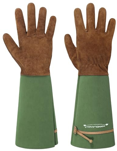 HLDD HANDLANDY Rose Pruning Handschuhe für Frauen & Männer, Long Thorn Proof Leder Gartenhandschuhe mit Unterarmschutz, Garden Work Gauntlet (Braun-Grün, Small)